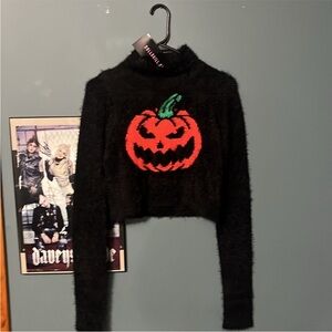 TRICKZ N TREATZ Dolls Kill Black Fuzzy Sweater with Orange Pumpkin